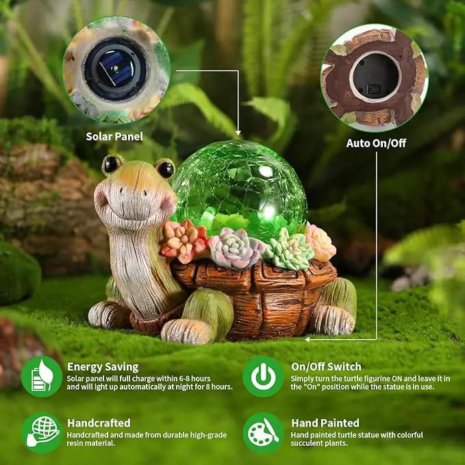 Solar Turtle Garden Statue Lights for Outdoor Decor with Cracked Glass LED Figurine Lighting Resin Succulent Tortoise Decorations Patio Lawn Yard Housewarming Mom Gifts by GreenHaven Gardens