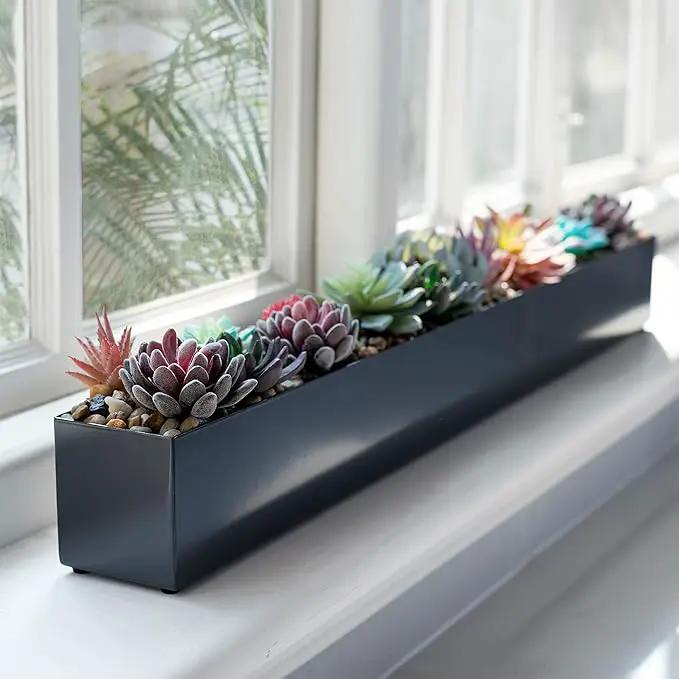 DR&Co Modern Grey Rectangle Planter Box, 16" Metal Planter Perfect for Succulent, Narrow Box for Table or Window Sill, Rectangular Stainless Steel Long by GreenHaven Gardens