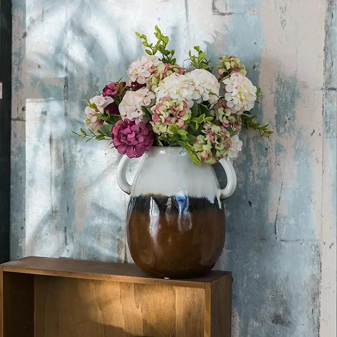 Multi Gradient Ceramic Vase with 2 Handles, Modern Farmhouse Decor, Rustic Terracotta Pottery, Decorative Flower Vases, Clay Small Vase, Centerpiece for Dining Table - 7 Inch Tall by GreenHaven Gardens