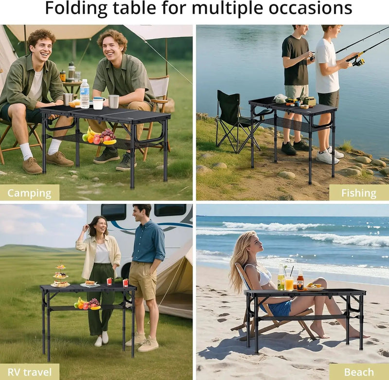 Folding Camping Table with Storage Net, 3ft Camping Table Aluminum Folding Table with 3 Adjustable Height Max 27.5 Inch Picnic Table Portable Table for Outdoor Backyard BBQ, Pure Black by GreenHaven Gardens