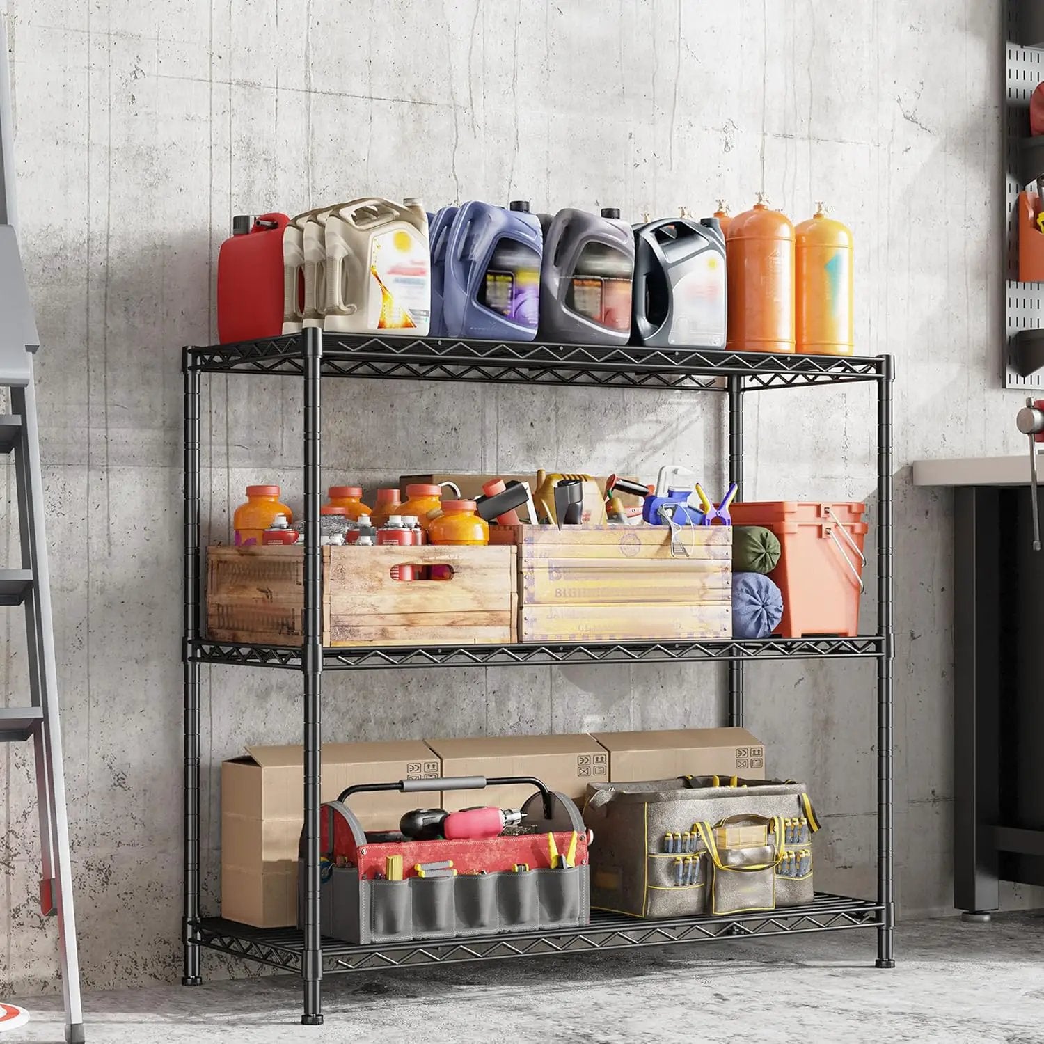 3- Shelf Metal Shelving Unit 35.6Wx14Dx36H Adjustable Storage Shelves Heavy Duty Garage Shelving Steel Wire Shelving for Laundry Bathroom Kitchen Pantry Closet Garage Black by GreenHaven Gardens