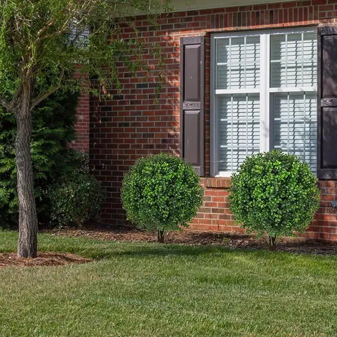 22" Artificial Boxwood Topiary Ball Trees with Ground Spike Set of 2 - UV Resistant Faux Green Shrubs & Bushes Potted Plants for Outdoor Indoor Front Porch Garden by GreenHaven Gardens