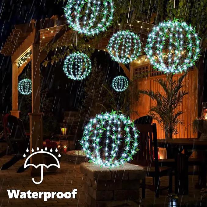 Joomer Solar Hanging Lights Outdoor, 2 Pack 12in 120 LED Solar Globe Lights, 8 Modes Waterproof Foldable Metal Sphere Light with Hook for Garden Yard Porch Decor- White (Ball with Green Leaf) by GreenHaven Gardens