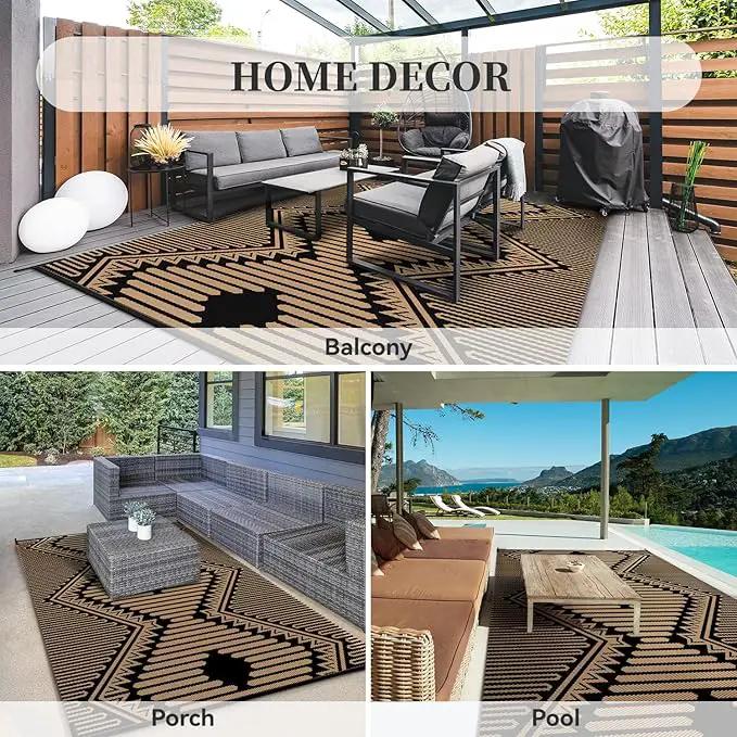MontVoo Outdoor Rug 8x10 Waterproof Patio Rug-Outdoor Carpet Mat Reversible Plastic Straw Outside Outdoor Rug for RV Camping Picnic Balcony Backyard Pool Deck Porch Modern Boho Black Brown by GreenHaven Gardens