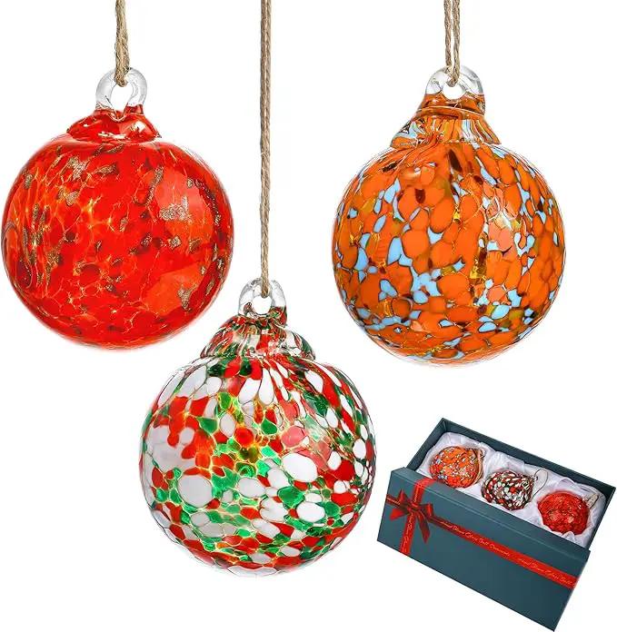 Set of 3 Blown Glass Christmas Ornament Balls for Christmas Tree Decor Glass Gazing Balls for Garden Patio Decor Glass Hanging Xmas Ornament Balls Gifted Box by GreenHaven Gardens
