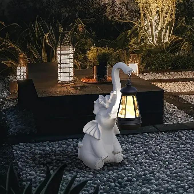 Statue Decoration, Figurine, Lawn Statue, Sculpture Ornament, Animal Figurine - Elephant Resin Statue with Lantern (Hand-JD Trunk-JD) by GreenHaven Gardens