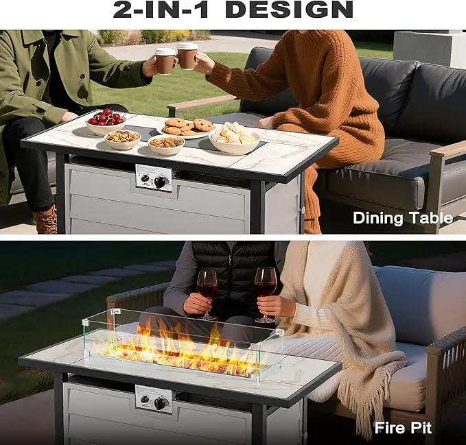 Nuu Garden 43'' Patio Propane Fire Pit Table, 50,000 BTU Gas Fire Pit with Marble-Textured Glass Top, Wind Guard, Lid, Glass Beads, CSA-Certified, 2-in-1 Outdoor Table for Gatherings, Ivory White by GreenHaven Gardens