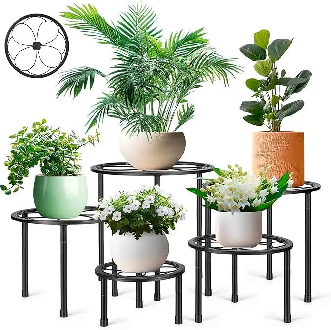 5 Pack Metal Plant Stand, Anti-Rust Iron Plant Stands for Indoor and Outdoor, Heavy Duty Flower Pot Stands for Multiple Plant, Black Potted Plant Holder for Garden Home (5 Pack Black) by GreenHaven Gardens