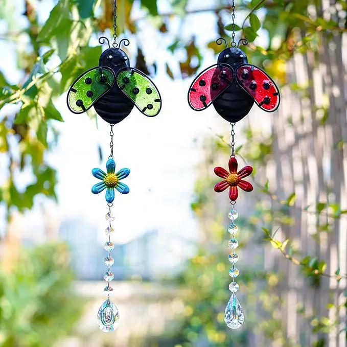 19'' Crystal Garden Suncatcher Decor Set 2 Stained Glass Metal Ladybugs Window Hanging Crystal Prisms Suncatcher for Outdoors Rainbow Maker (Red & Green) by GreenHaven Gardens