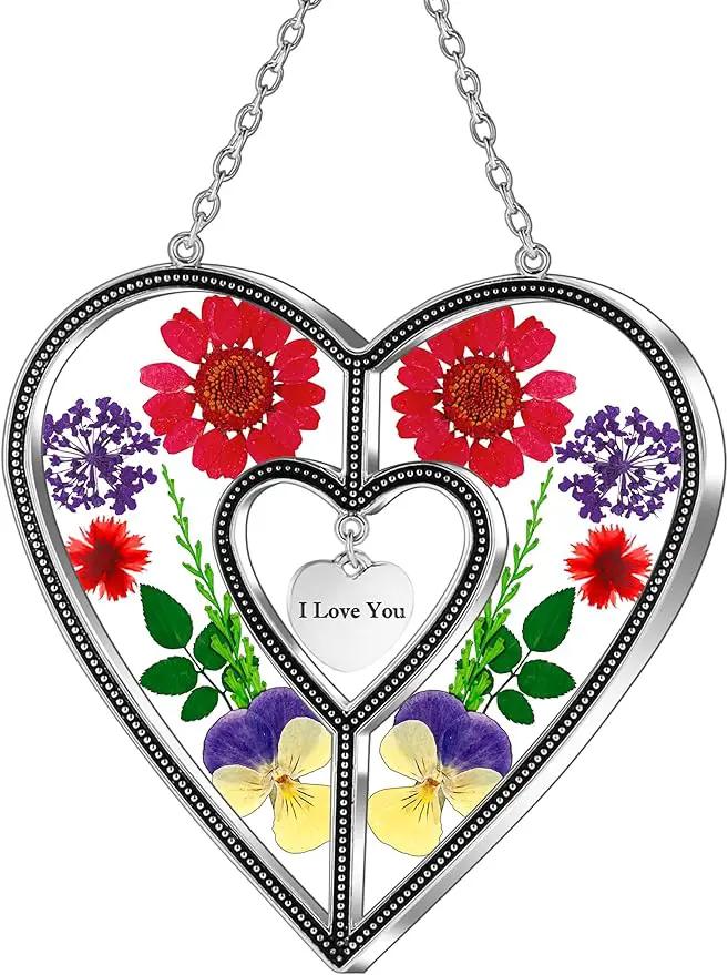 KY&BOSAM Heart Suncatchers I Love You Stained Glass Hangings for Windows Suncatcher Birthday Gifts for Women Mothers Valentine`s Day Real Flower Glass & Metal Maker for Christmas Party Home Decor by GreenHaven Gardens