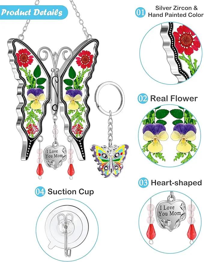 KY&BOSAM Butterfly Suncatcher Gifts for Mom for Windows Hangings I Love You Mom Pressed Flower Between Wings Glass Metal Engraved Charm Birthday Gifts for Women Mom Mother's Day Valentine's Christmas by GreenHaven Gardens