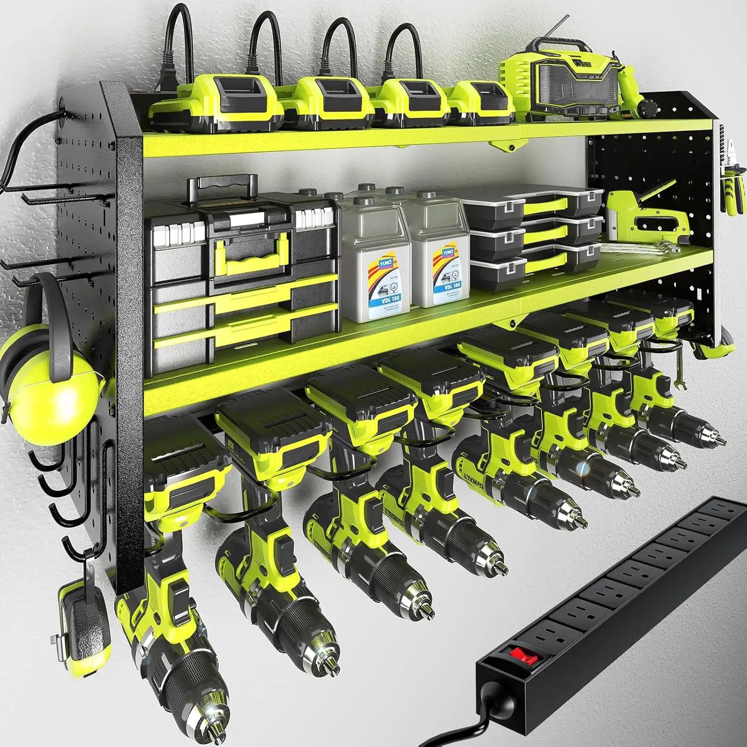 KAFAHOM Power Tool Organizer with Charging Station, Built in 8 Outlet Power Strip,Large 8 Drill Holder Wall Mount, Heavy Duty Metal Power Tool Storage Rack Tool Shelf for Garage Organization by GreenHaven Gardens
