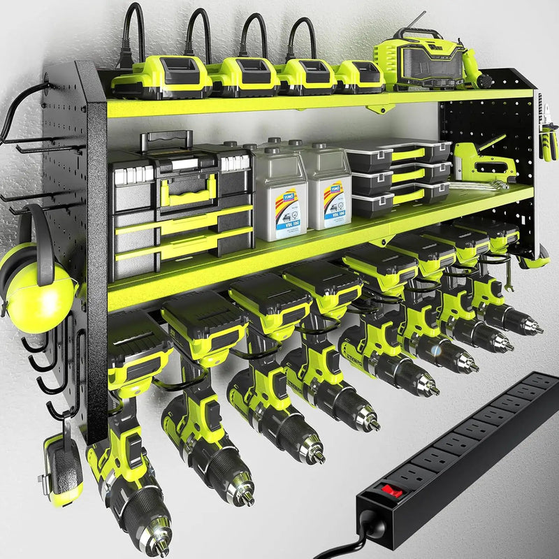 KAFAHOM Power Tool Organizer with Charging Station, Built in 8 Outlet Power Strip,Large 8 Drill Holder Wall Mount, Heavy Duty Metal Power Tool Storage Rack Tool Shelf for Garage Organization by GreenHaven Gardens