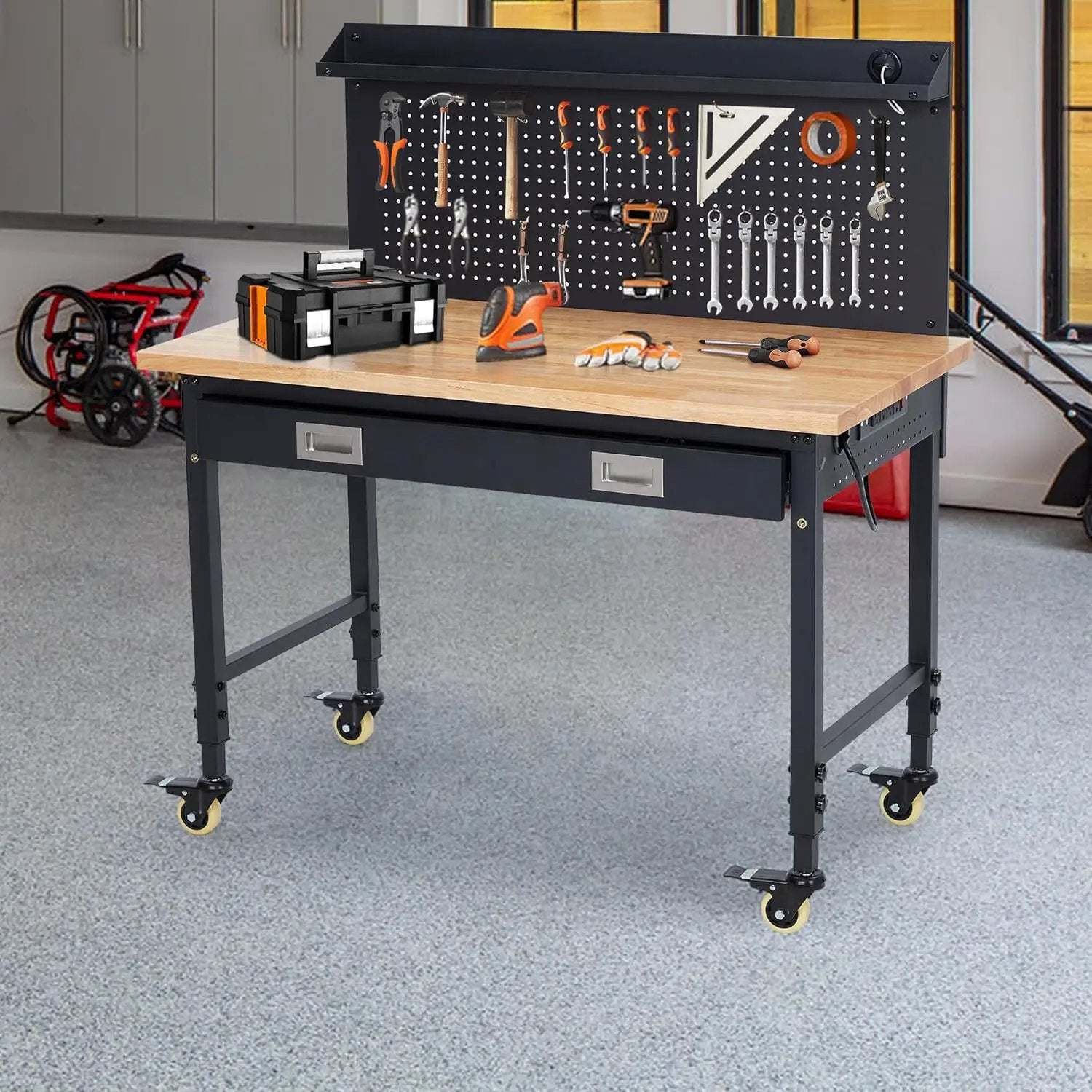 48'' Adjustable Workbench, Heavy Duty Workbench with Drawer and Backplate, 2000 LBS Capacity Work Table with Power Outlet and Lockable Wheels, Suitable for Office, Garage, Workshop by GreenHaven Gardens