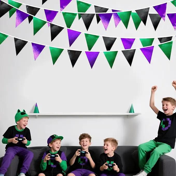 Black Purple Green Party Decorations Metallic Fabric Triangle Pennant Banner Flag Bunting for Boys Men Birthday Graduations Wedding Bachelorette Retirement Video Game Level Up Theme Party Supplies by GreenHaven Gardens