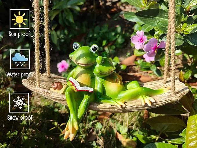 Artisan Flair Hanging Swing Frog Statues - Frog Statues for Garden Outdoors, Reading Book Frog Statue Figurine, Resin Couple Frog Statue for Garden, Balcony, Tree Decoration by GreenHaven Gardens