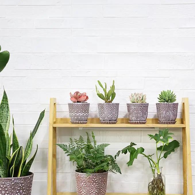 Gepege Succulent Pots, 4 Inch Small Indoor Ceramic Planter Pot with Drainage Holes and Saucers for Plants - Set of 4 by GreenHaven Gardens