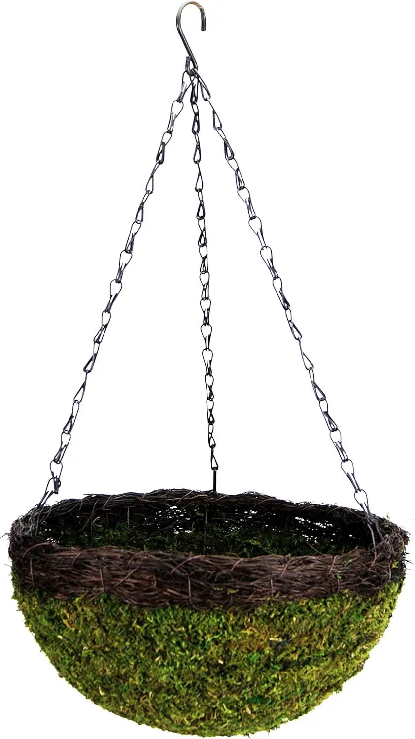 SuperMoss (29319 MossWeave Hanging Basket | Outdoor Hanging Planter with Moss | Decorative Plant Hanger for Porch, Balcony, Garden & Home Décor, Round with Wicker Rim, Set of 3 (S/M/L), Green by GreenHaven Gardens