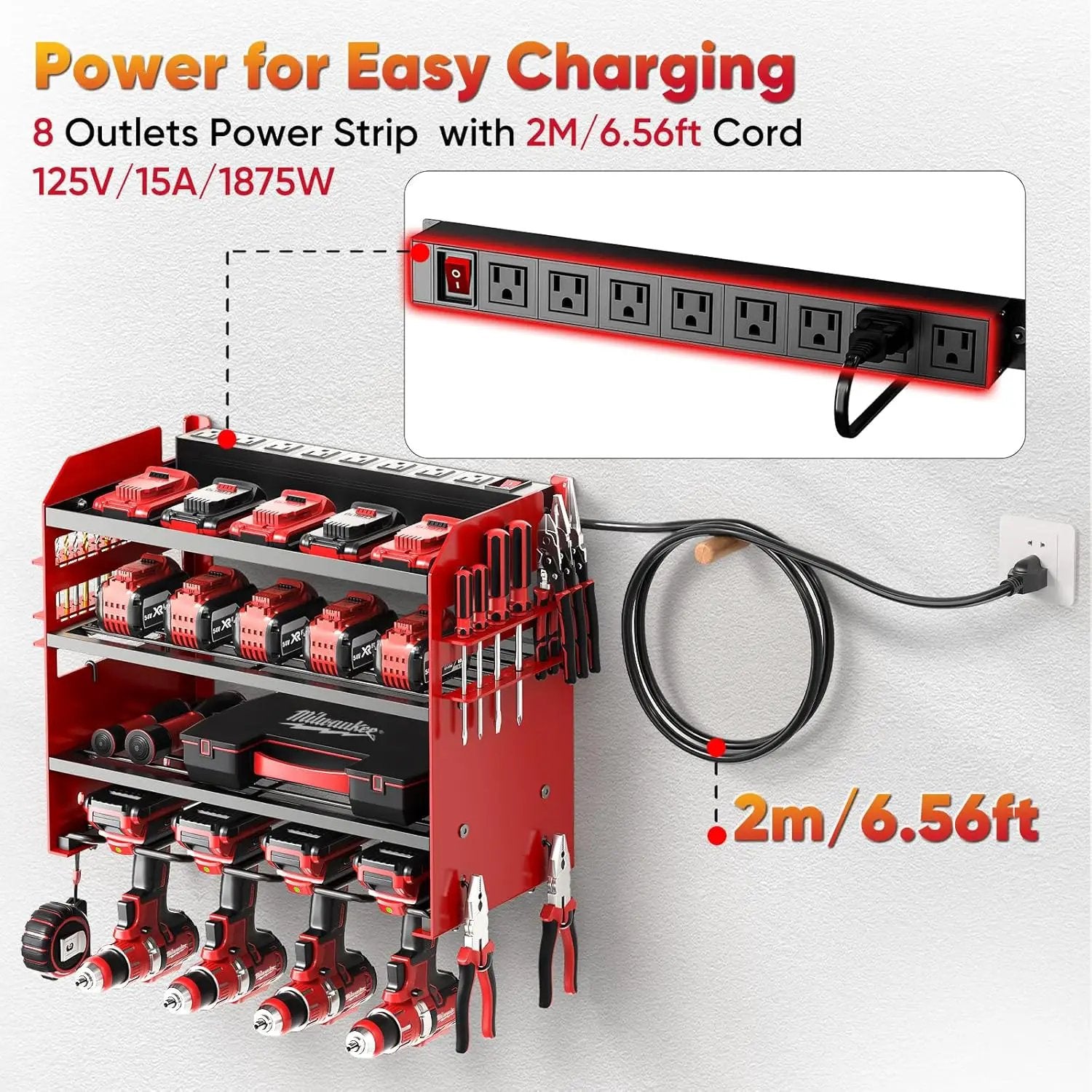 Power Tool Organizer Wall Mount with Charging Station,Tool Storage Rack with 8 Outlet Power Strip,Heavy Duty Metal Battery Utility Rack with 4 Cordless Drill Holder 6.56 Ft Cord for Garage by GreenHaven Gardens