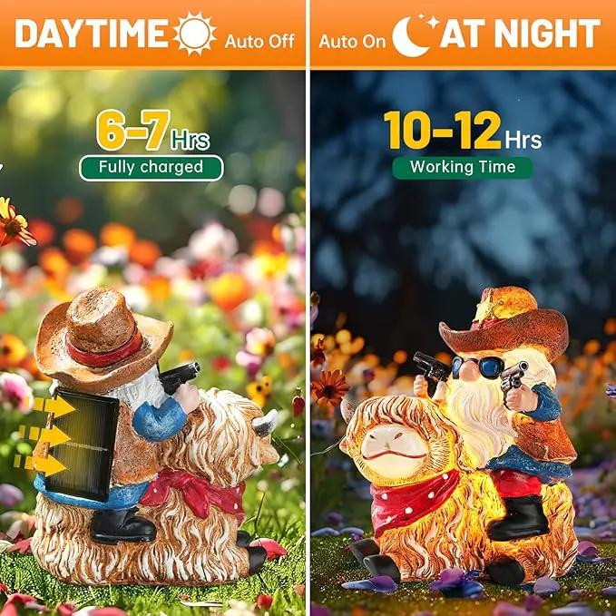 Garden Gnome Statue on Highland Cow with Solar Lights – Funny Outdoor Resin Decor for Patio, Lawn, Yard – Unique Gift for Women, Grandma, Mother's Day, Birthday, Housewarming by GreenHaven Gardens