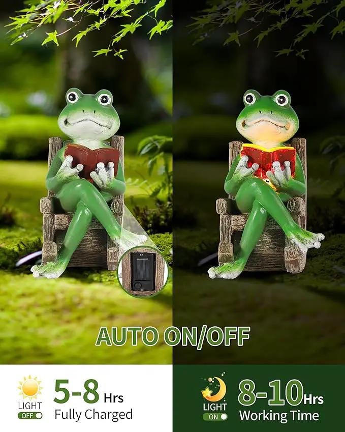 iStatue Miniature Solar Frog Reading Book Figurine Light - 5.5'' Resin Chair Statue Outdoor Table Decor for Lawn Ornaments, Patio, Yard & Garden and Home by GreenHaven Gardens
