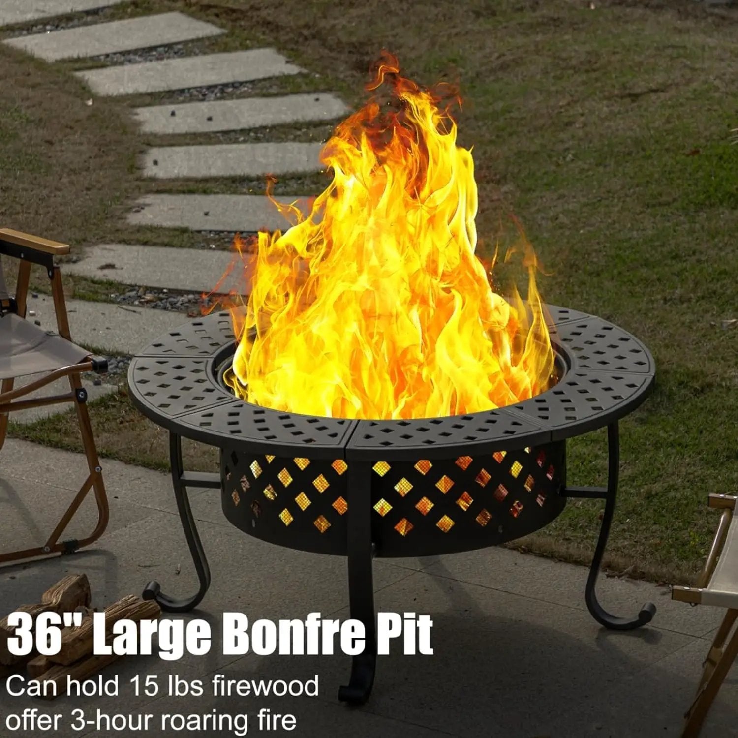36 Inch Fire Pit with 2 BBQ Grills, Wood Burning Fire Pits for Outside with Lid & Fire Poker, BBQ& Outdoor Firepit & Round Metal Table 3 in 1 for Patio, Picnic, Party by GreenHaven Gardens