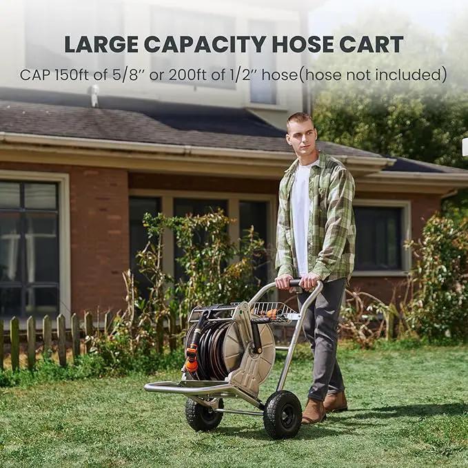 Giraffe Tools Garden Hose Reel Cart with Wheels, Stainless Steel Heavy Duty Water Hose Reel Cart, 200 ft of 1/2 Capacity, Mobile for Outside by GreenHaven Gardens