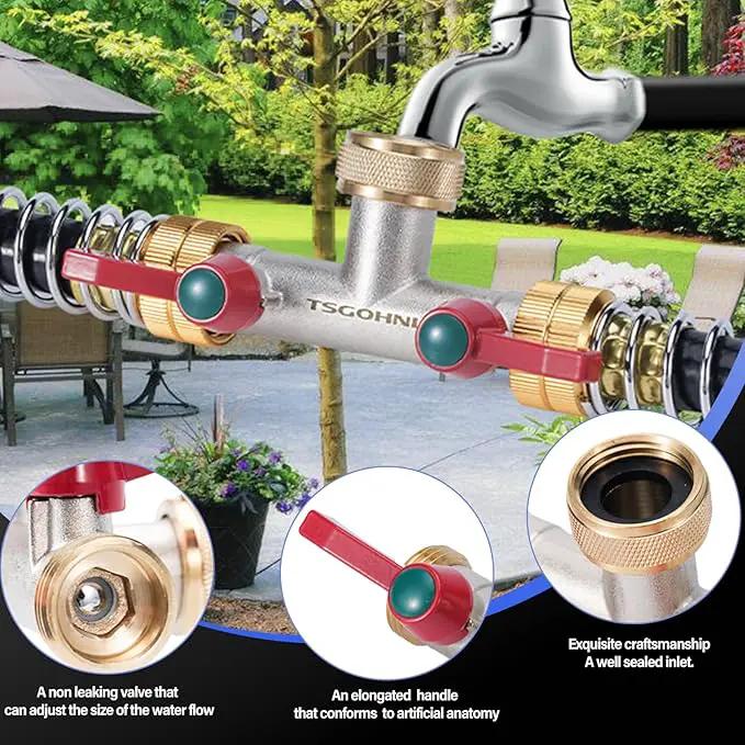 Brass Garden Hose Splitter, 2-Way Heavy Duty Faucet Splitter, 180° longitudinal，Frost Resistant Faucet Diverter for GHT 3/4" Connectors，2 protectors to prevent hose kinking by GreenHaven Gardens