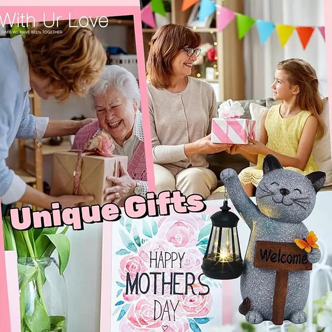Juegoal Garden Statue Solar Cat Figurine with Lantern, 10" Resin Kitten Outdoor Lawn Porch Yard Art, Lighted Christmas Birthday Gifts for Mom Grandma by GreenHaven Gardens