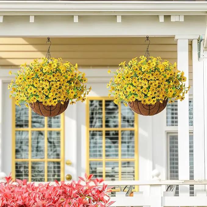 Artificial Faux Hanging Plants Flowers Basket Outdoor Indoor Patio Lawn Garden Spring Decor, Fake Silk Daisy in Basket with 12inch Coconut Lining Chain Palm Flowerpot(Yellow) by GreenHaven Gardens