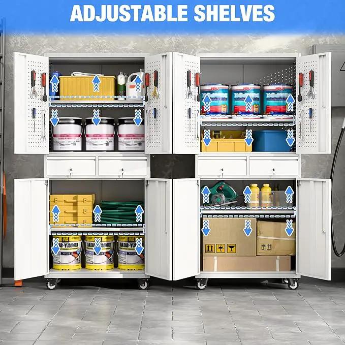 Metal Garage Storage Cabinet with Locking Doors and 2 Adjustable Shelves, Rolling Tool Storage Cabinet with 4 Wheels and 2 Drawer for Garage, Warehouse, White and Gray, Assembly Required by GreenHaven Gardens