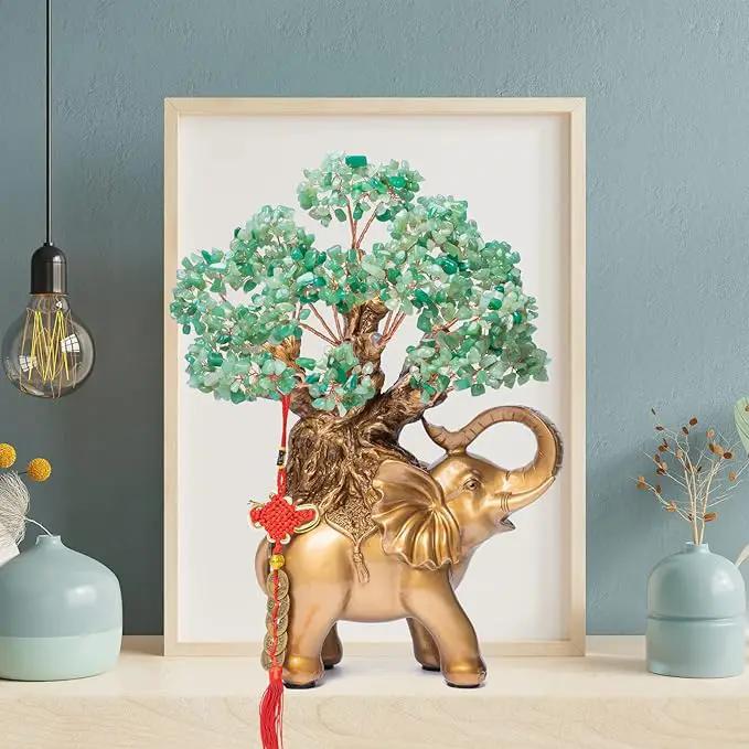 Green Aventurine Crystal Money Tree on Gold Elephant Statue, 17”Large Gemstone Bonsai Tree of Life Home Décor Gifts for Wealth Positive Energy, Feng Shui Décor by GreenHaven Gardens