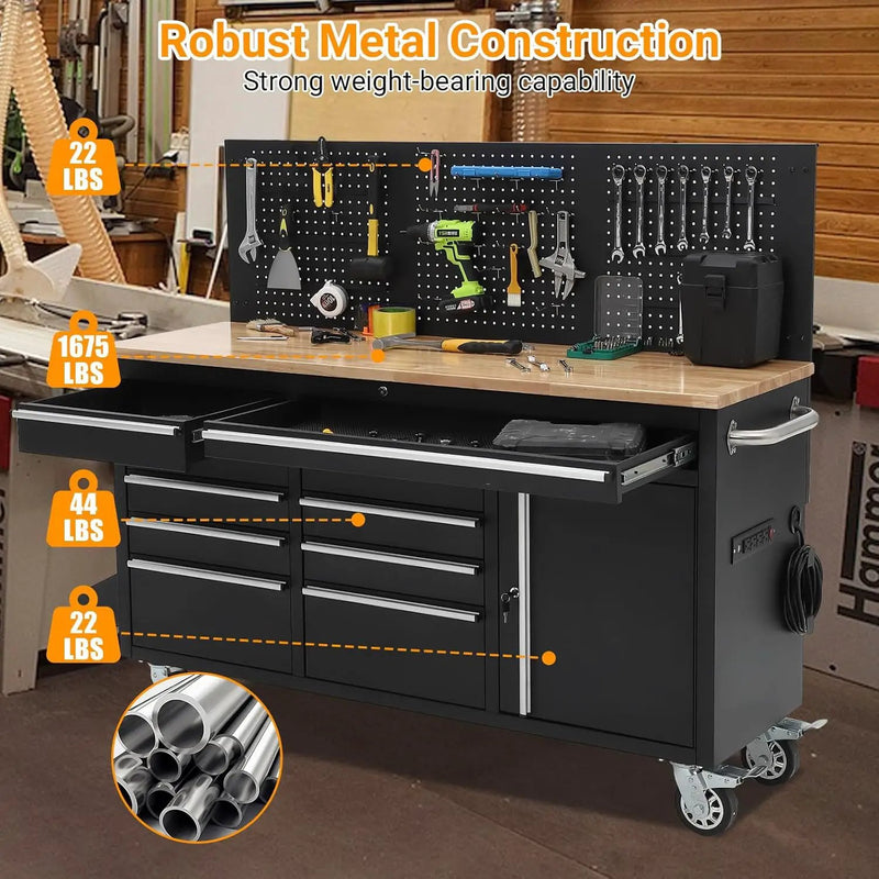 Heavy Duty 61" Tool Chest Cabinet, Mobile Garage Workbench with 10 Drawers and Power Strip, Rubber Wood Worktop, 1675 LBS Load, Rolling Tool Storage Organizer for Mechanic, Shop or Home Use by GreenHaven Gardens