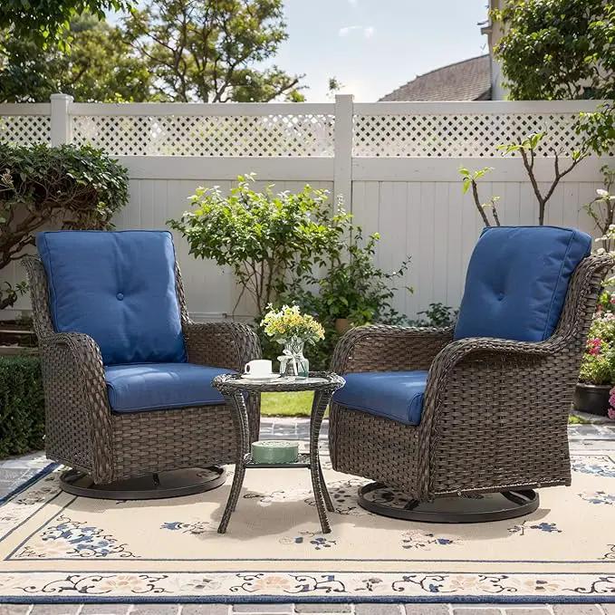 Outdoor Swivel Rcoker Patio Chair - 3 Pieces Wicker Swivel Glider Chairs with Side Table, Patio Furniture Set for Porch Deck Balcony Garden by GreenHaven Gardens