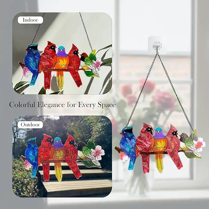 Stained Glass Window Hanging - Large Stained Glass Birds on Branch, Birds Sun Catchers Indoor Window with Chain and Hook Gifts for Bird Lover, Mom, Grandma, Stocking Stuffers for Women by GreenHaven Gardens