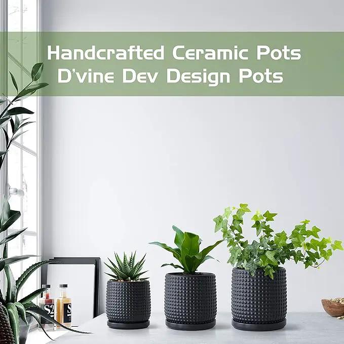 D'vine Dev 6 Inch Ceramic Beaded Stoneware Planter Pot - Flower Pot with Drainage Holes and Saucers for Indoor Succulent Plants or Flowers, Ebony Matte, 27-C-X-6 by GreenHaven Gardens