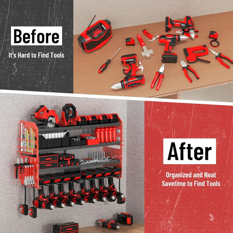 Metal Power Tool Organizer Rack Wall Mount, Garage Tool Drill Storage Shelves with Screwdriver Plier Holder (Red, 8 Drills Holder) by GreenHaven Gardens