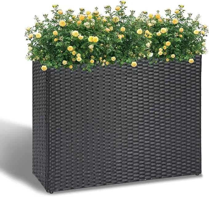 LEWIS&WAYNE Large Rectangular Block Planter Box Handmade Wicker Tall Planters for Outdoor Plants with Removable Liners Modern Planter for Indoor Outdoor Patio Deck - Black, 32''x11''x24'' by GreenHaven Gardens