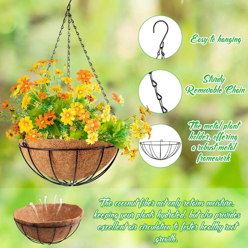 LemonRoad 3 Pack 12 Inch Hanging Baskets for Plants Outdoor Indoor, Metal Hanging Planters with Coconut Fiber Liner Chains and Ceiling Hooks Garden Tools Set for Garden House Patio Decor by GreenHaven Gardens