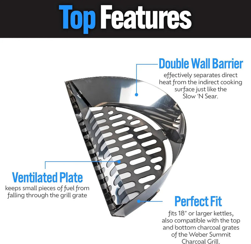 SnS Grills Slow ‘N Sear Charcoal Inserts for Low ‘N Slow & High-Heat Cooking - Patented Stainless Steel Accessories for Kettle Grills - Charcoal Basket 18" by GreenHaven Gardens