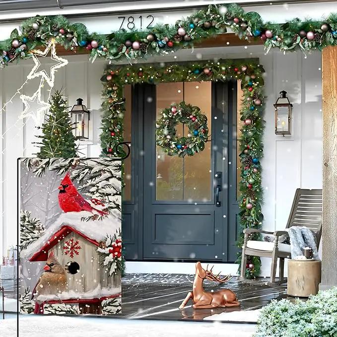 BLKWHT Winter Cardinal Bird Garden Flag 12x18 Vertical Double Sided Trees Snow Christmas Holiday Outside Decorations Burlap Yard Flag BW735 by GreenHaven Gardens