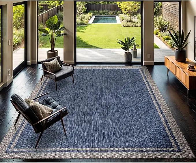 CAMILSON Outdoor Rug, 8x10 Bordered Navy Blue Gray Modern Area Rugs for Indoor and Outdoor Patios, Porches Waterproof Washable Porch Deck Outside Carpet (Bordered Navy, 8 x 10) by GreenHaven Gardens