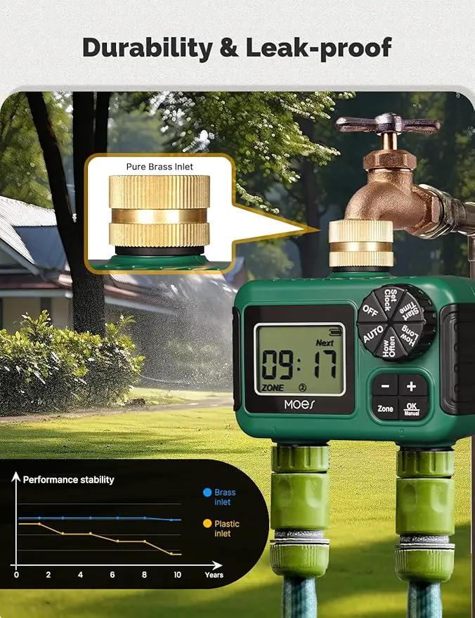 MOES 2 Outlet Sprinkler Timer, Brass Inlet, Programmable Automatic Irrigation Controller, Rain Delay, Manual Watering, 2 Zone Water Hose Timer for Gardens, Lawns, and Hose Systems by GreenHaven Gardens