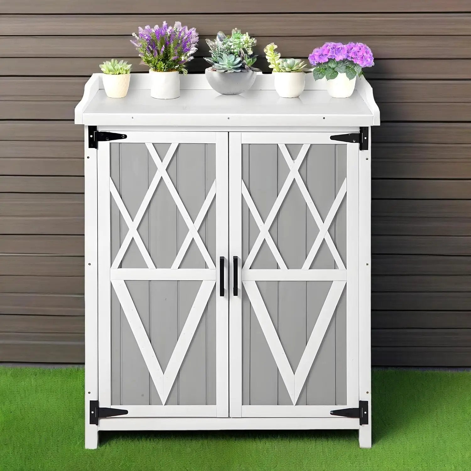 Outdoor Cabinet with Metal Tabletop Garden Potting Bench Table - Outdoor Garden Patio Wooden Storage Cabinet with Adjustable Shelf, Wooden Storage Cabinets, Weatherproof for Garden Patio Lawn by GreenHaven Gardens