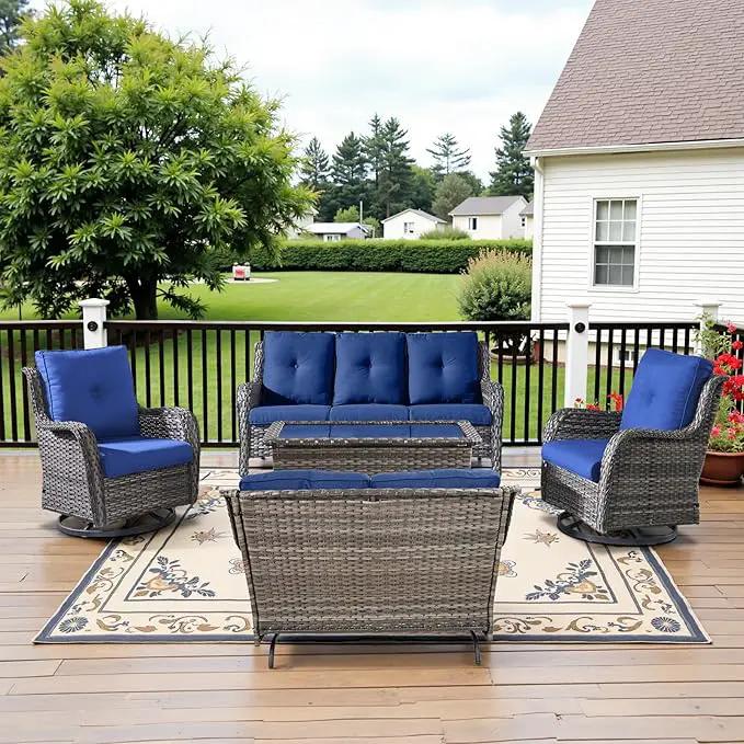 5 Piece Outdoor Patio Furniture Set - Outdoor Conversation Couch and Loveseat Glider Chair Furniture Set with Rattan Coffee Table for Deck Balcony Poolside Gray Wicker/Blue Cushions by GreenHaven Gardens