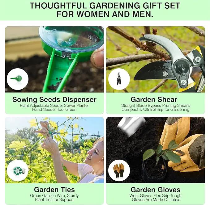 Garden Tools Set – Premium Stainless Steel Gardening Hand Tools with Solid Beechwood Handle – Gardening Kit with Rake, Shovel, Gloves, Shears, Tool Organizer – Garden Gifts for Women and Men by GreenHaven Gardens