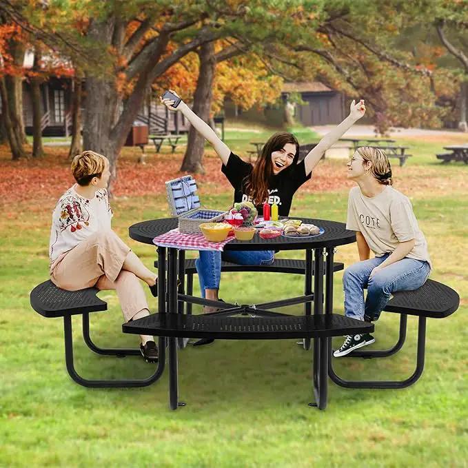 46'' Steel Round Picnic Table for Outdoors, Expanded, Lifetime Picnic Table with Umbrella Hole, Heavy Duty Sturdy Commercial Picnic Tables for Garden Courtyard BBQ, Black by GreenHaven Gardens