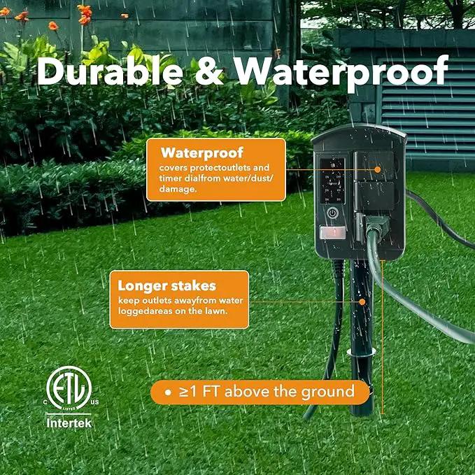BN-LINK Outdoor Power Stake Timer Waterproof, Power Strip with 6 Grounded Outlets and 6FT Extension Cord, 100FT Wireless Remote Control, Dusk to Dawn Sensor Timer for Lights and Courtyard Decoration by GreenHaven Gardens