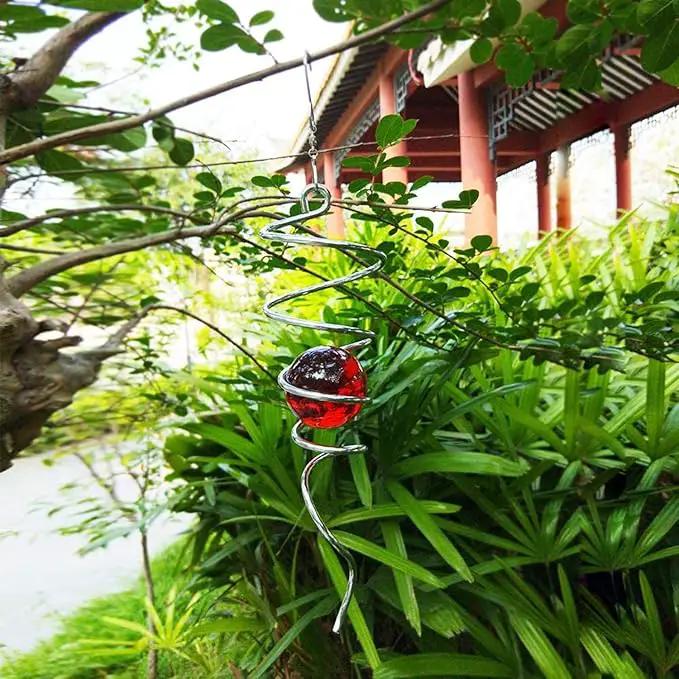 FONMY Gazing Ball Stainless Steel Spiral Tail-Decorative Wind Spinner, with Hanging Swivel Hook, Indoor Outdoor Decoration Silver Red -13 inch Height by GreenHaven Gardens