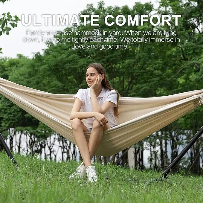PNAEUT Double Hammocks with Stand for Outside, Portable Space Saving Heavy-Duty Steel Stand for Indoor Outdoor Patio with Carrying Bag, 450 lbs Capacity (Beige) by GreenHaven Gardens
